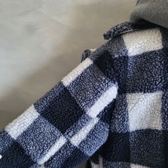 Steve Madden Navy & White Buffalo Plaid Convertible Hooded Teddy Coat Women M - Picture 10 of 16